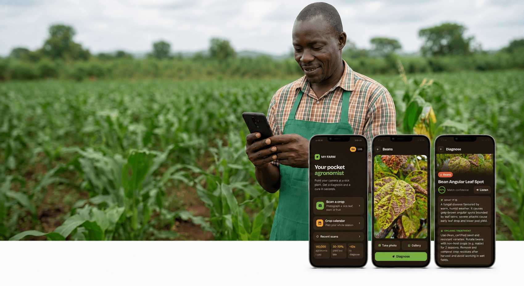 A farmer diagnosing his crop with the MyFarm AI app